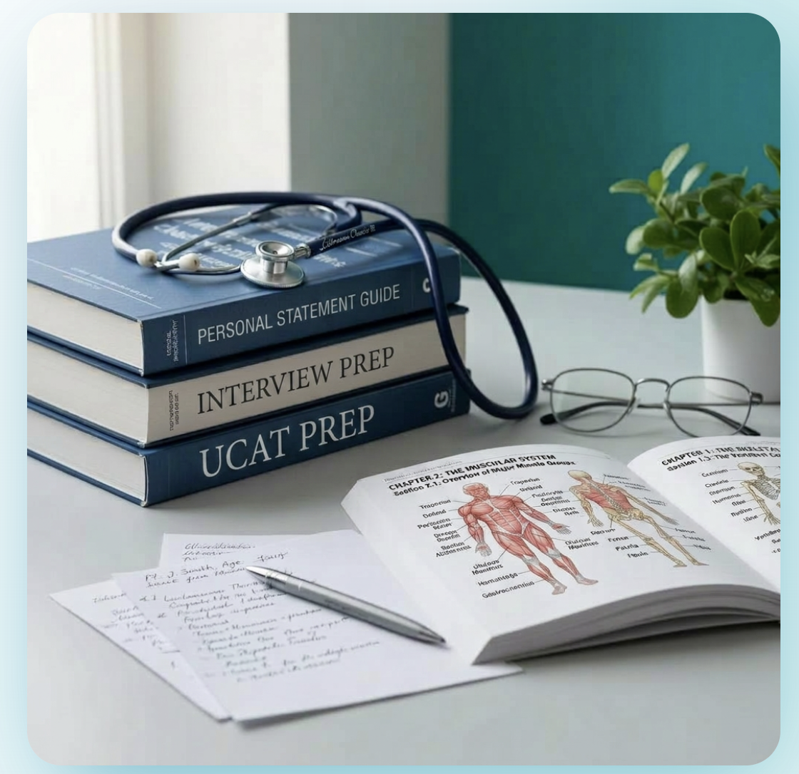 Medical textbooks, stethoscope and study notes